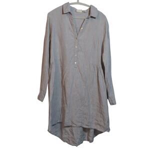 Beacan Cove Grey Half Button 100% Linen Tunic Dress Natural Casual Size M